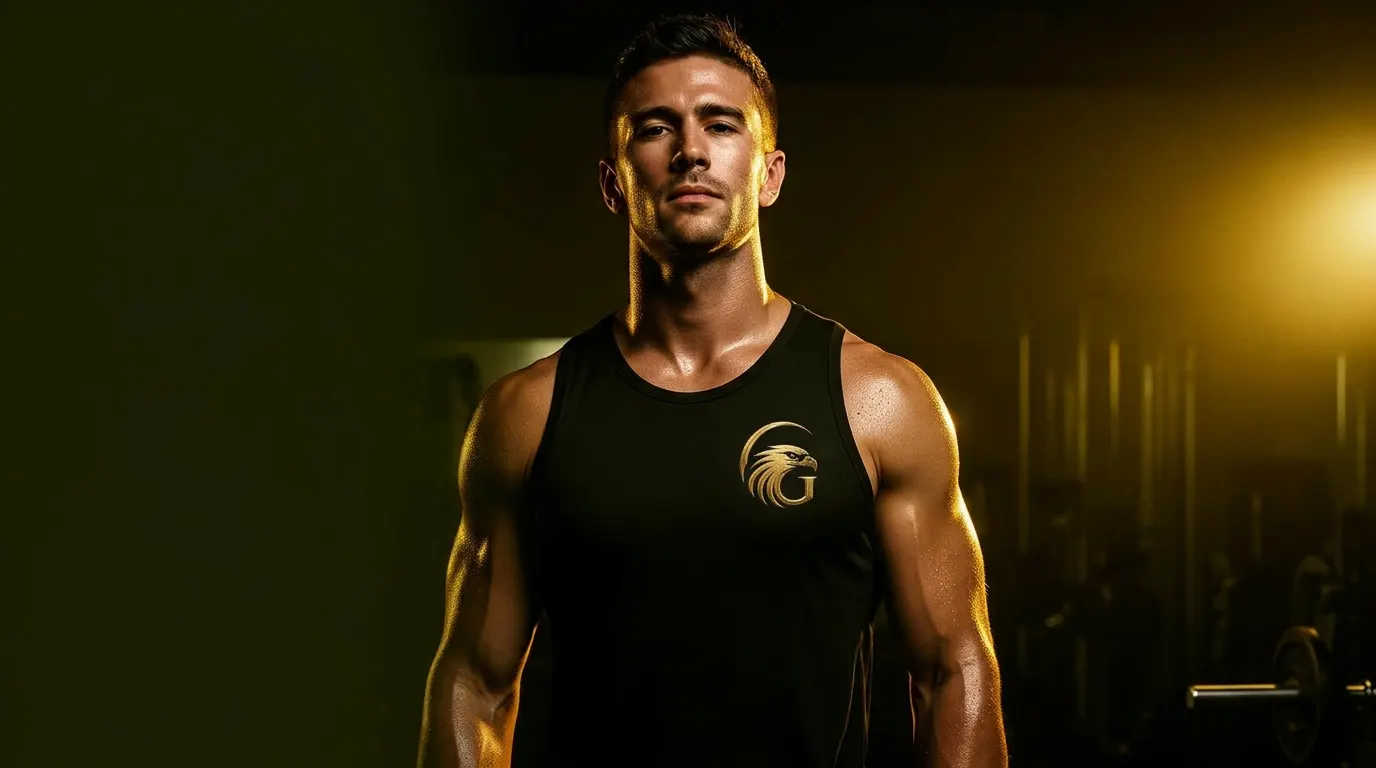 Atleta confiante pós-treino com regata preta Guadila e iluminação dourada